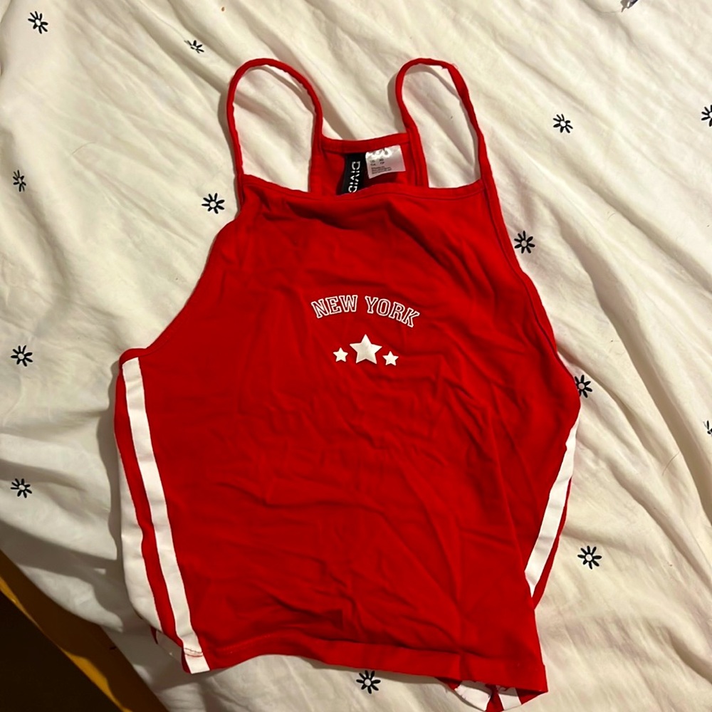 Read halter crop top New York with white stripes and star detail